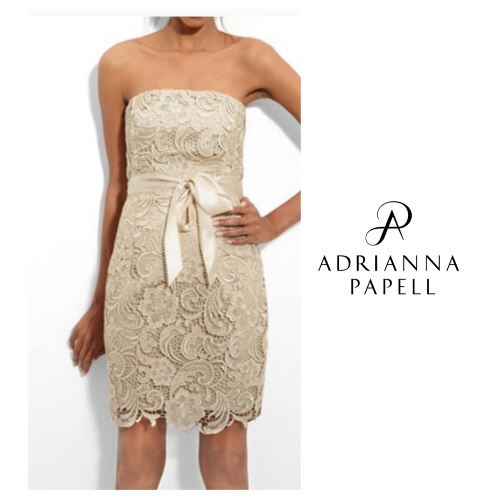 Adrianna Papell Golden Champagne Strapless Lace Cocktail Midi Dress – Size 12